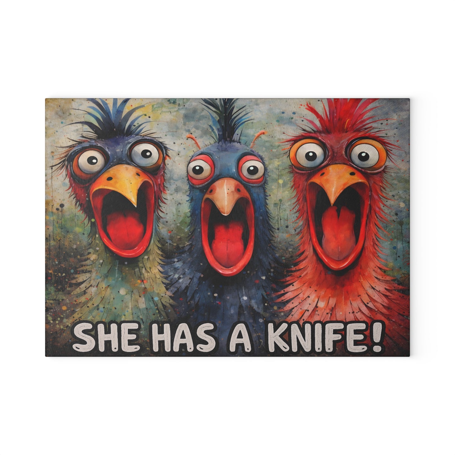 She Has a Knife Glass Cutting Board – Funny Chicken Kitchen Art with Bold Farm Humor