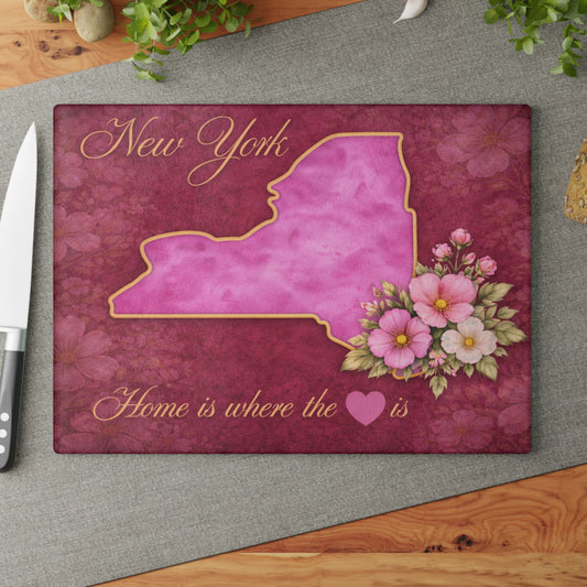 New York State Home is Where the Heart Is Glass Cutting Board – Floral State Pride Kitchen Decor