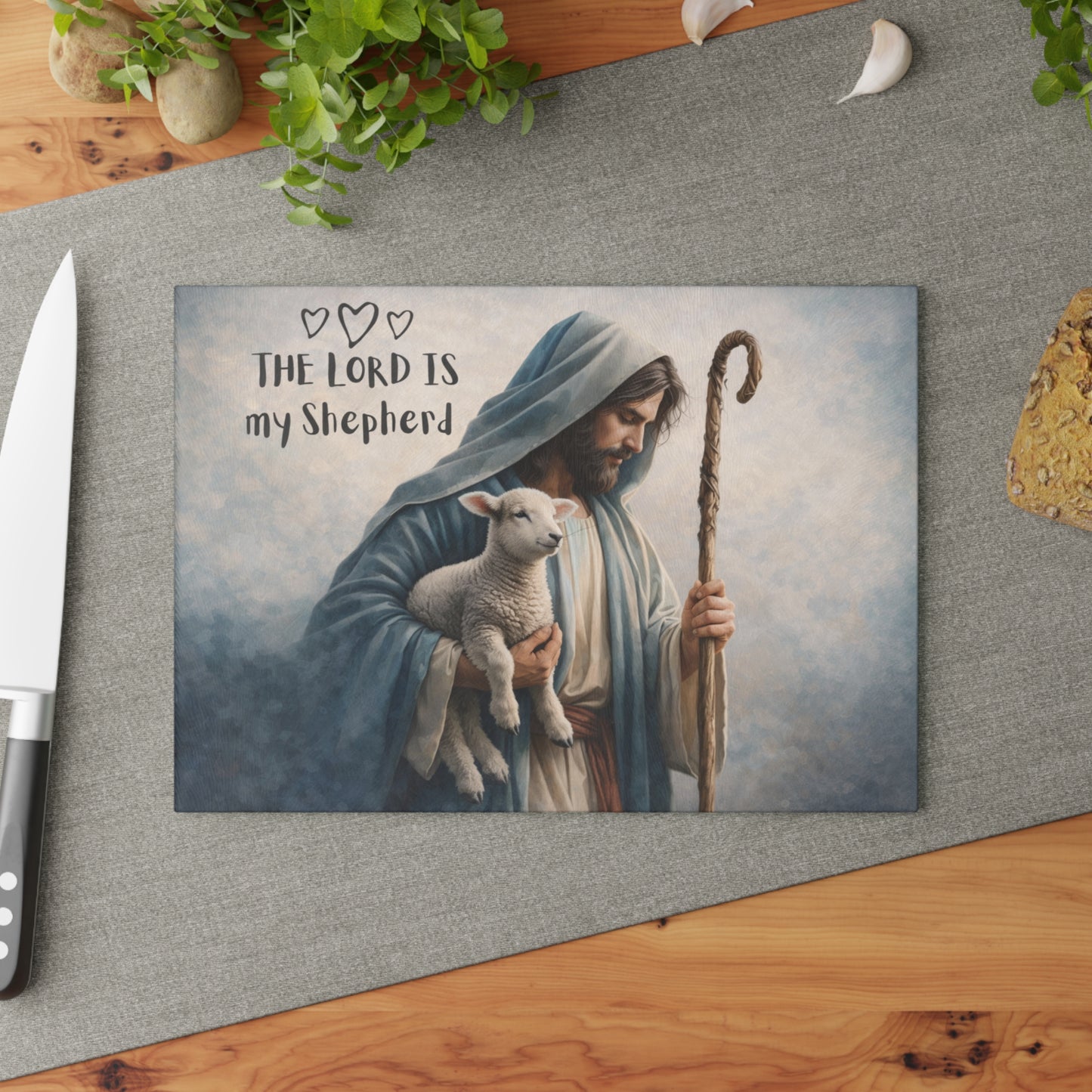 The Lord Is My Shepherd Glass Cutting Board – Faith-Inspired Lamb & Shepherd Artwork