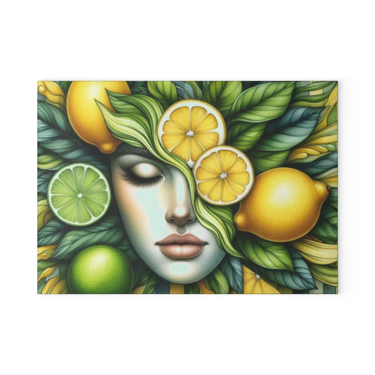 Tabla de cortar de vidrio con diseño de diosa de limón y lima: audaz, hermosa y refrescantemente única
