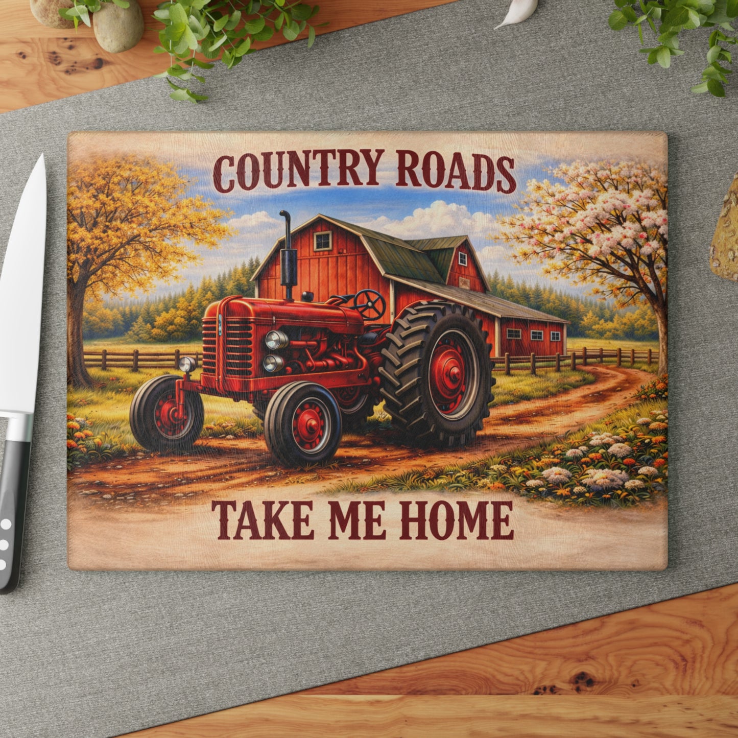 Country Roads Tractor Glass Cutting Board – Rustic Farmhouse Charm for Your Kitchen