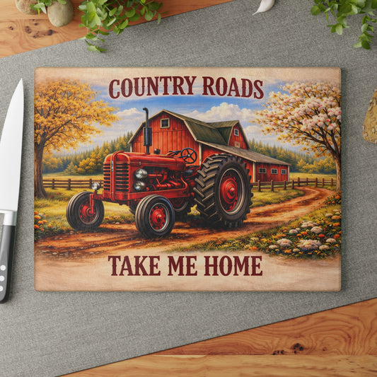 Country Roads Tractor Glass Cutting Board – Rustic Farmhouse Charm for Your Kitchen