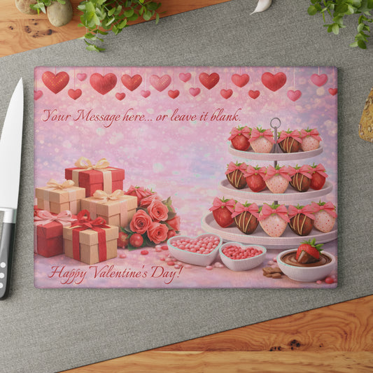 Chocolate-Covered Strawberry Valentine Glass Cutting Board – Personalized Romantic Dessert Display