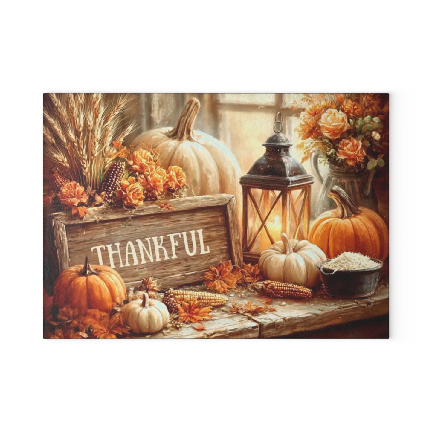 🎃🕯️ “Thankful Autumn Vignette” Glass Cutting Board – Cozy Charm for Your Kitchen
