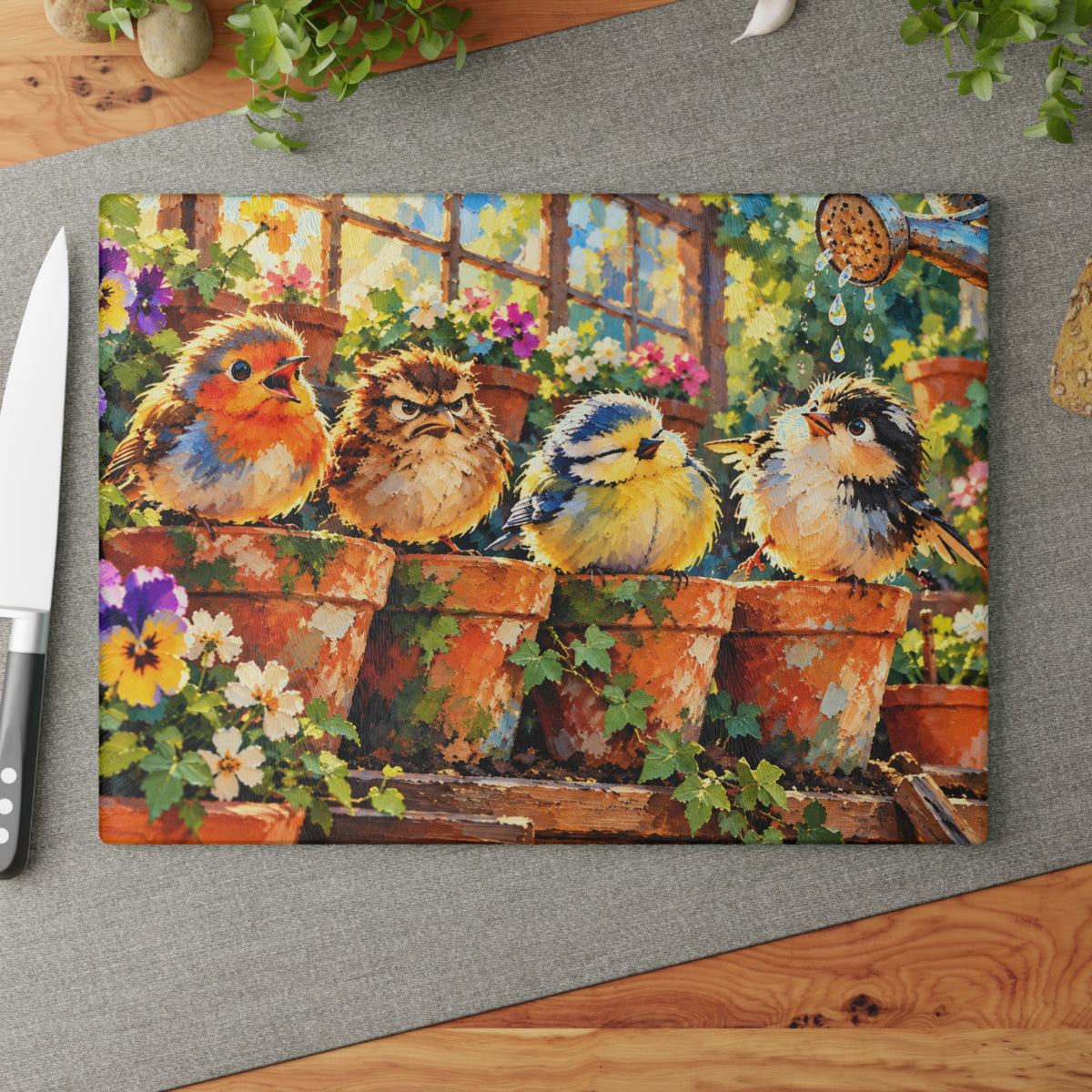 Four Funny Garden Birds – Colorful Painted Tempered Glass Cutting Board – Whimsical Bird and Flower Kitchen Decor