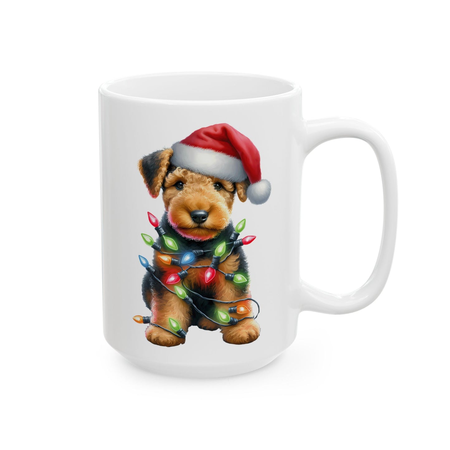 🎄 Airedale Terrier Christmas Mug – Jolly Pup with Santa Hat & Twinkling Lights 🎁