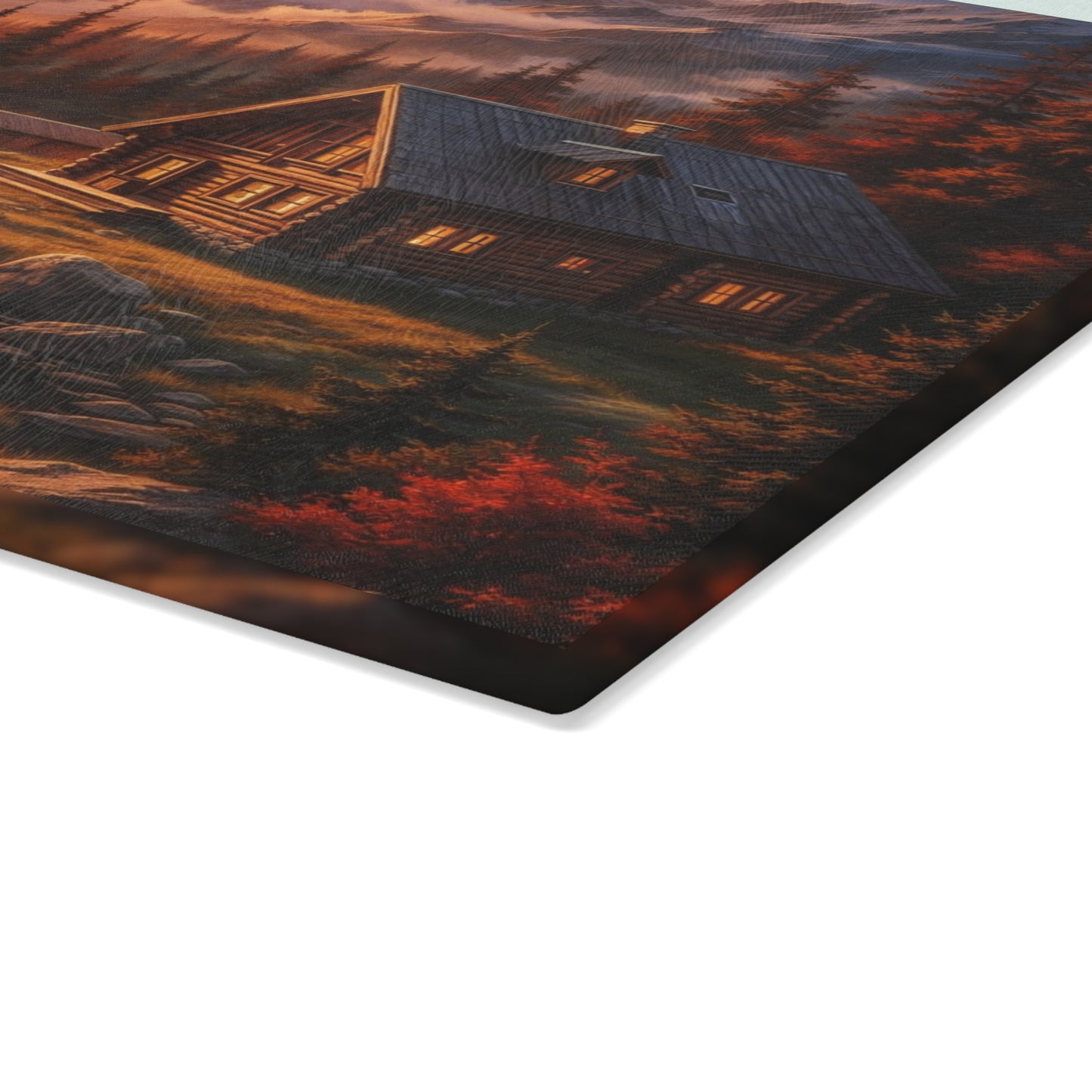 Mountain Cabin Sunset Glass Cutting Board – Rustic Lake Lodge Kitchen Art