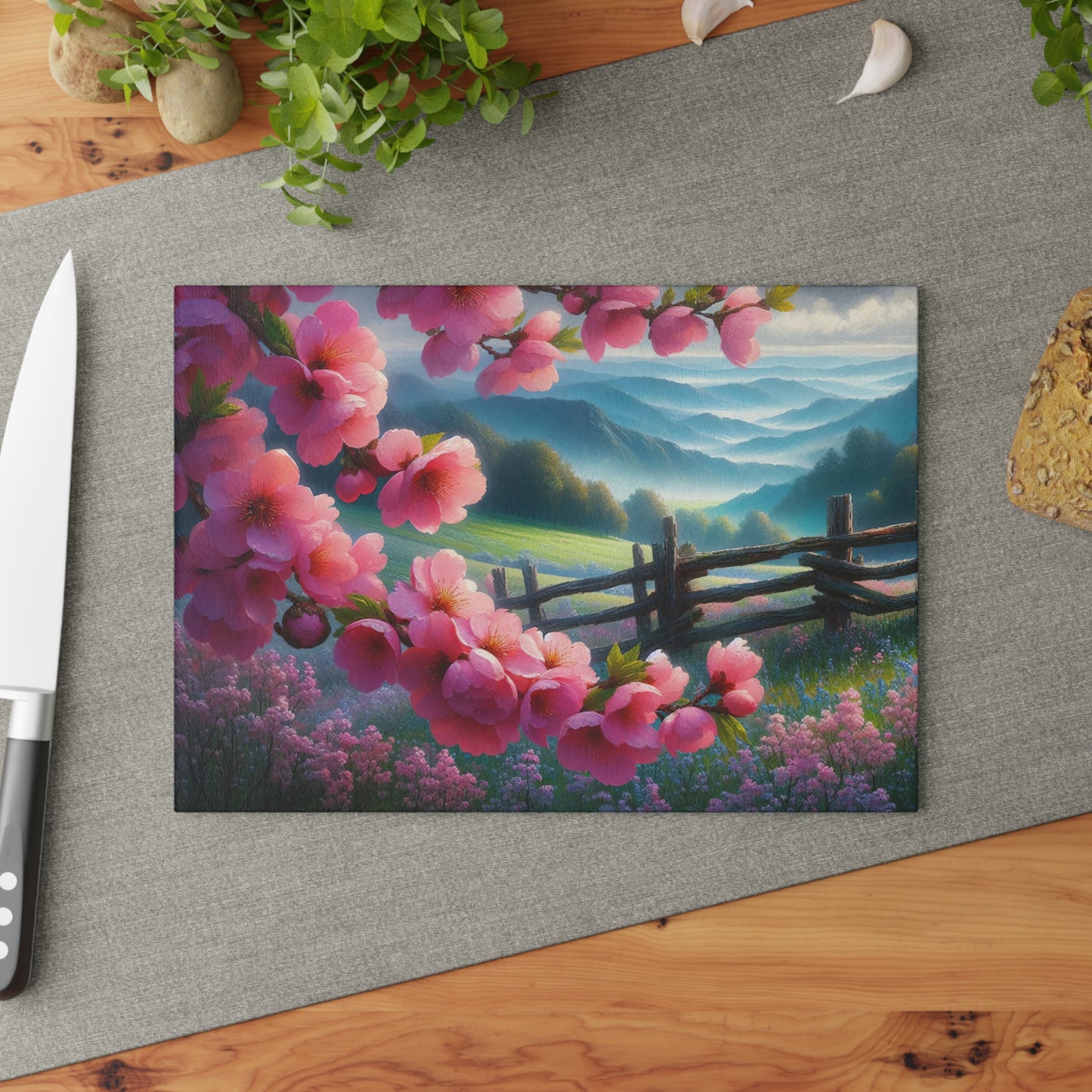 Cherry Blossom Mountain Meadow Glass Cutting Board – Spring Floral Landscape Kitchen Display