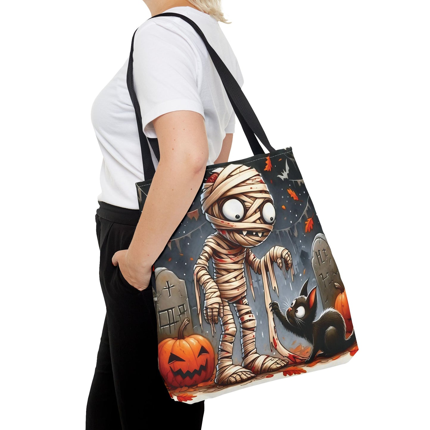 🎃 Mummy & Black Cat Halloween Tote Bag – Spooky Cute & Perfect for Trick-or-Treating 🖤🛍️