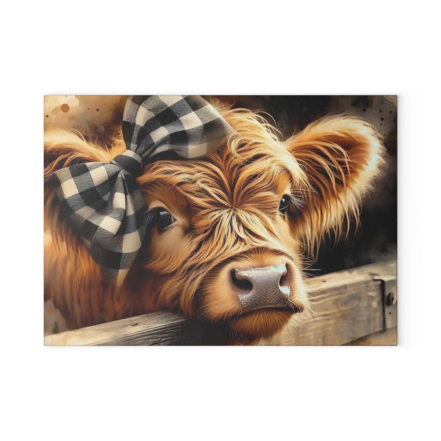 Tabla de cortar de vidrio con diseño de vaca de las Tierras Altas y lazo a cuadros – Decoración de cocina rústica