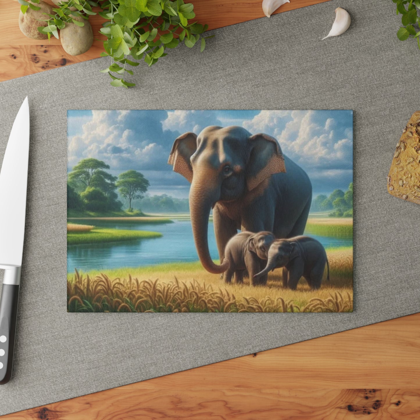 Mama Elephant and Babies Glass Cutting Board – Nature-Inspired Wildlife Kitchen Decor