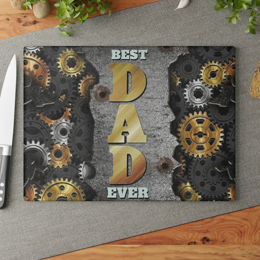 🍽️ BEST DAD EVER Glass Cutting Board – Industrial Gear Design