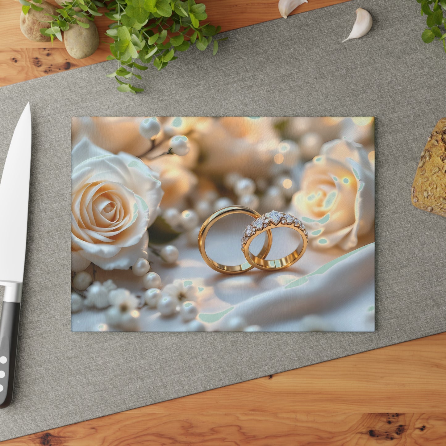 💒 White Rose & Gold Rings Cutting Board – Timeless Elegance for Weddings & Love