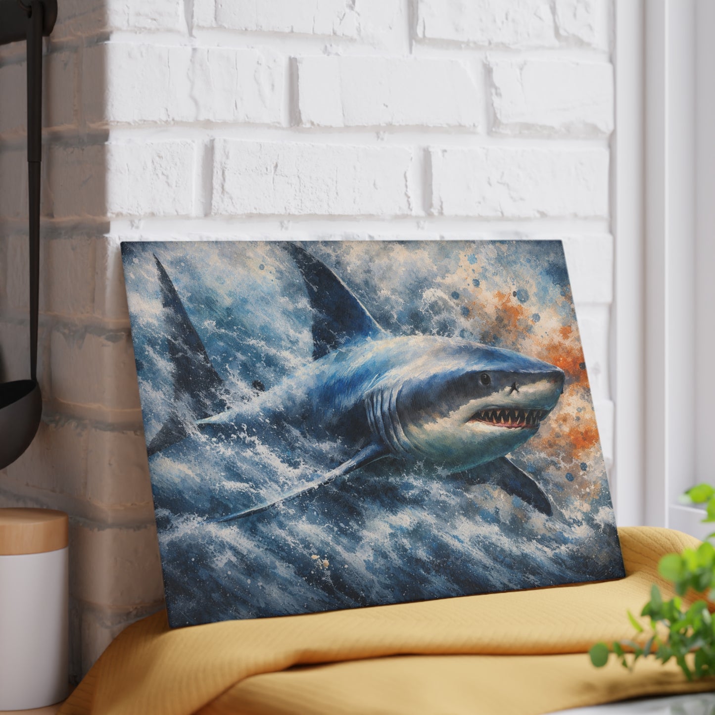 Power of the Tide Glass Cutting Board – Dynamic Great White Shark Artwork