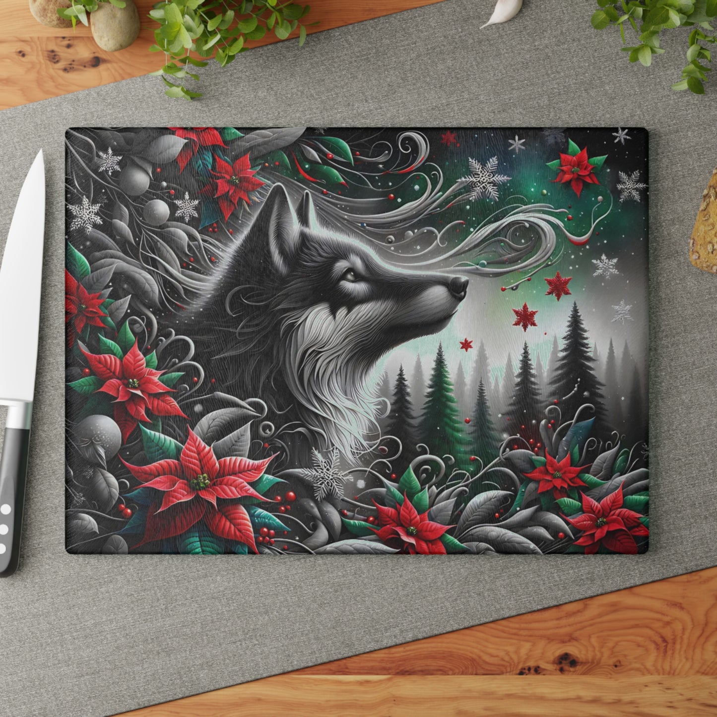 🐺❄️ “Moonlit Winter Wolf” Glass Cutting Board – Bold, Modern Wild Beauty for Your Kitchen
