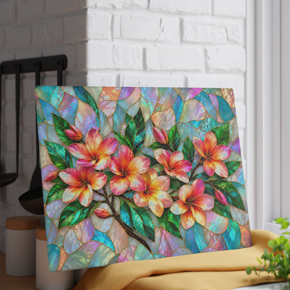 Stained-Glass-Inspired Tropical Plumeria Cutting Board – Pink & Golden Frangipani Flowers, Iridescent Mosaic Background & Botanical Kitchen Décor