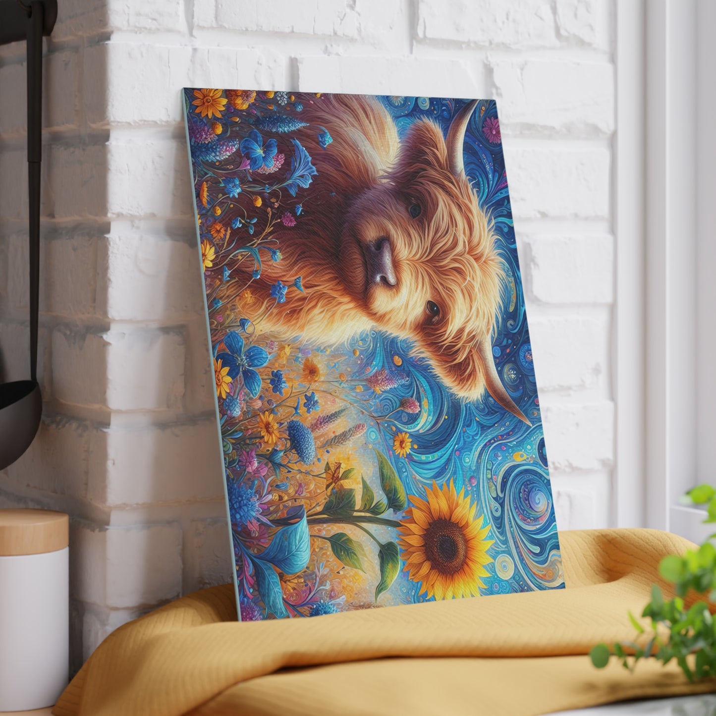 🐮🌻 Whimsy Highland Cow Glass Cutting Board – Floral Fantasy Farmhouse Style