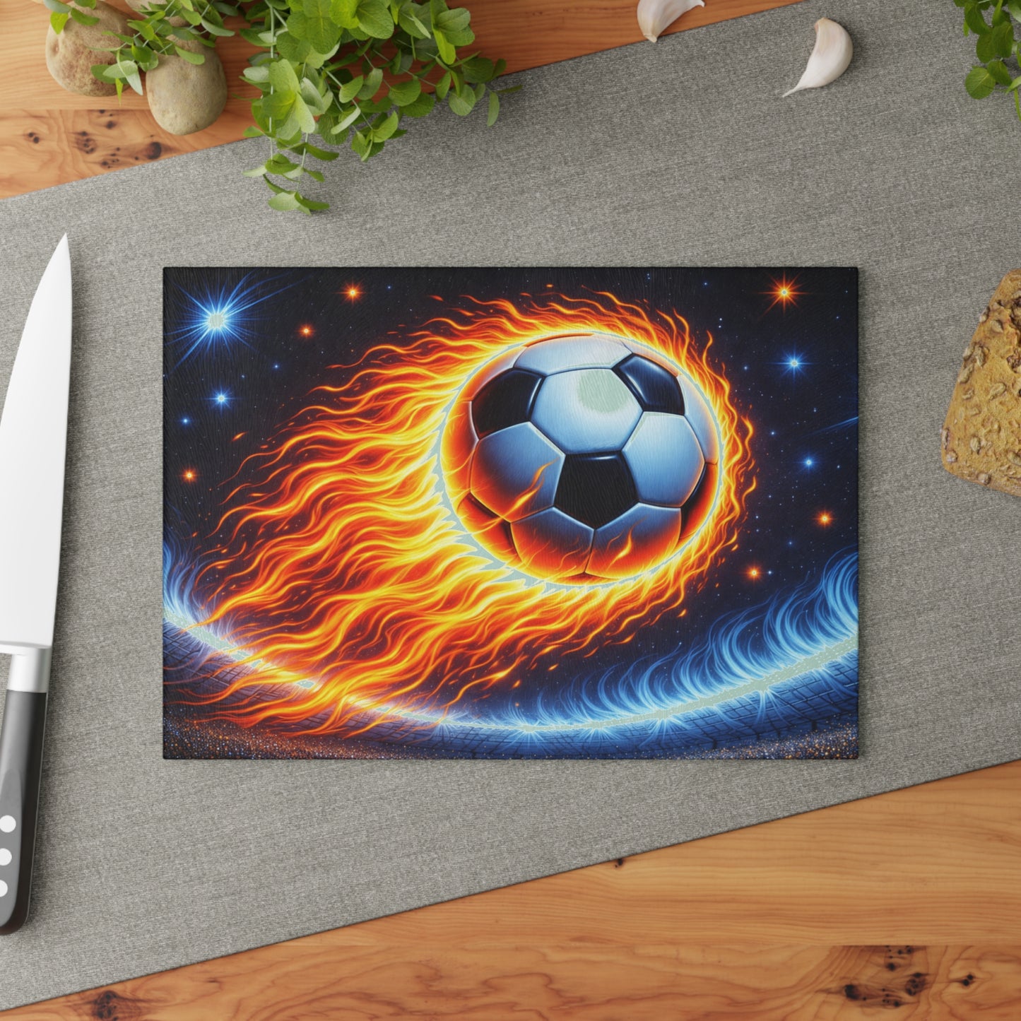 Fiery Soccer Ball Cutting Board – Game Day Heat for Your Kitchen