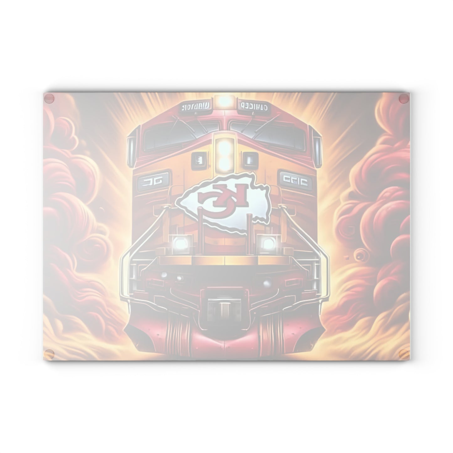 Tabla de cortar de vidrio Express roja y dorada: exhibición de cocina con un llamativo diseño de tren