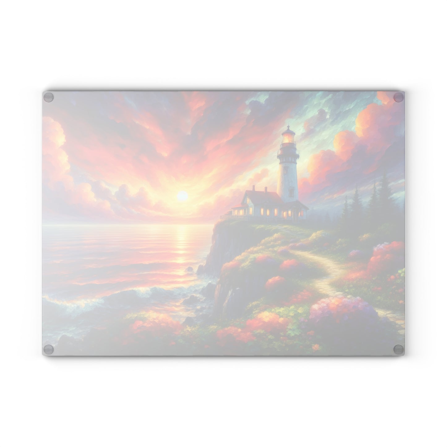 Radiant Lighthouse Sunset Glass Cutting Board – Coastal Seascape Art Kitchen Display