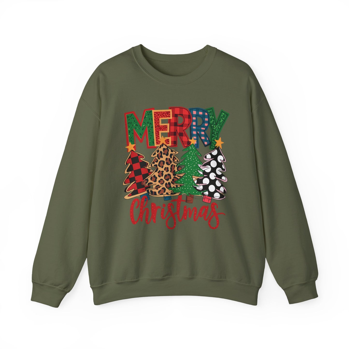 🎄✨ Merry Christmas Trees Sweatshirt – Bold Patterns & Festive Cheer