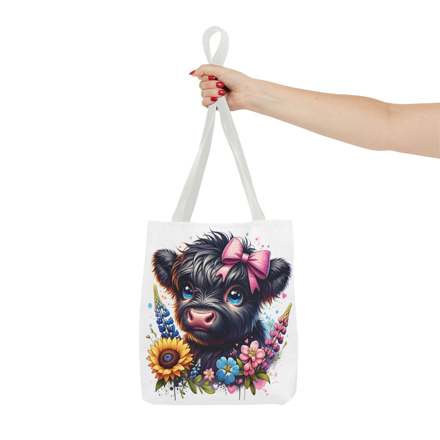 🌸 Black Highland Calf Floral Tote Bag – Sweet Style for Every Age 🐮👜