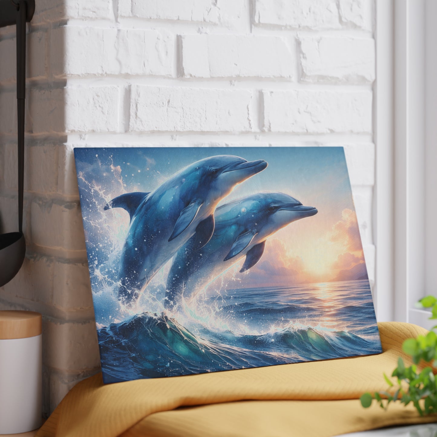 Dolphin Duo Glass Cutting Board – Ocean-Inspired Artwork of Two Playful Dolphins