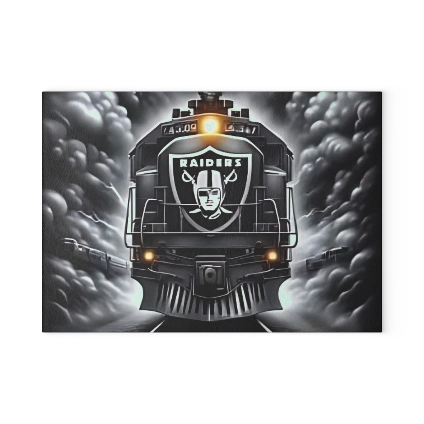 Silver & Black Express Glass Cutting Board – Sleek Train Art for Bold, Modern Kitchens