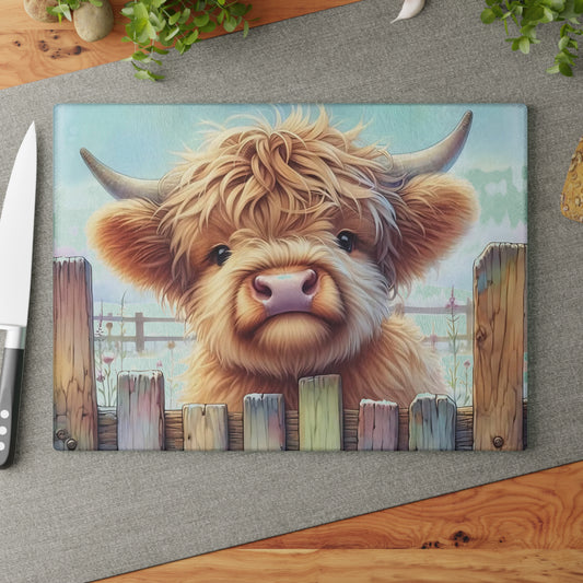 🐄 Highland Cow Looking Over a Wooden Fence Glass Cutting Board 🪵