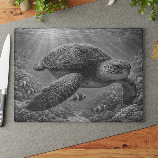 Sacred Depths Sea Turtle Glass Cutting Board – Black & White Ocean Artwork