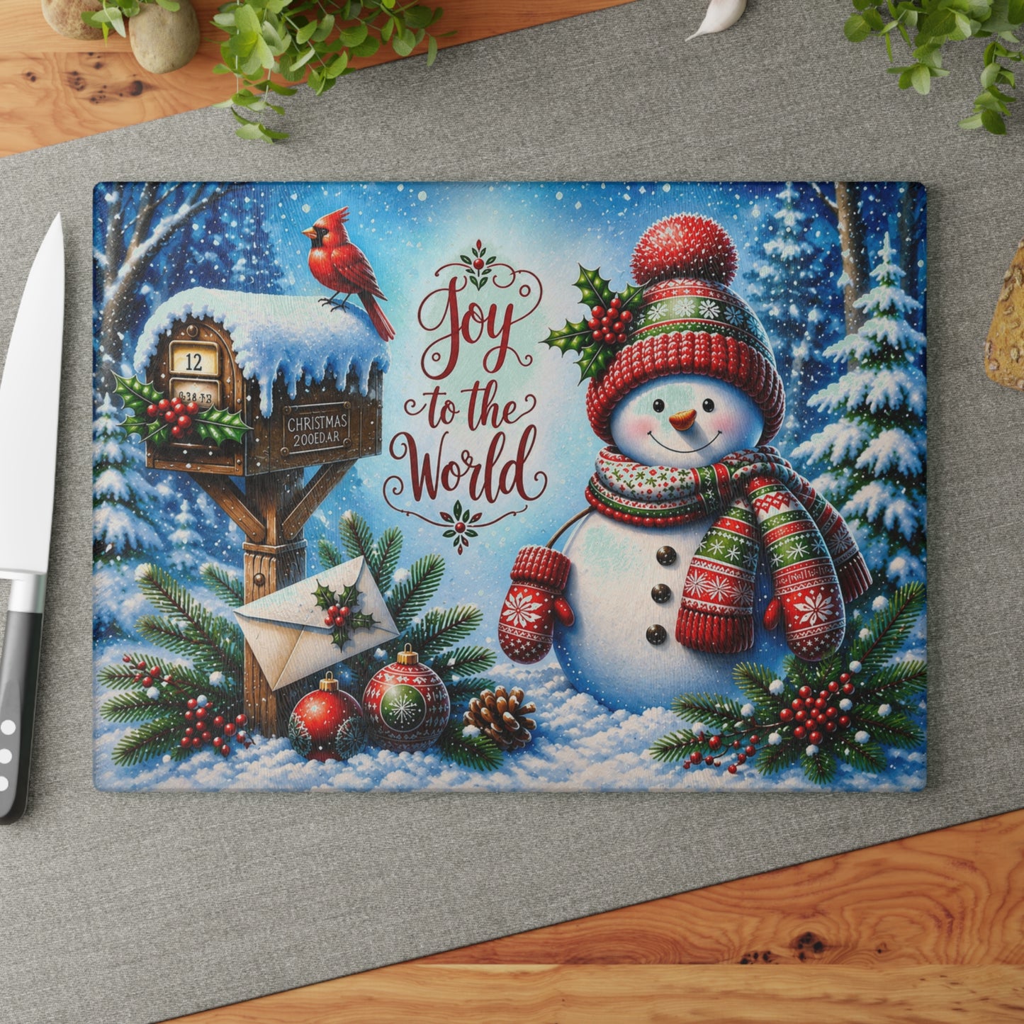 Joy to the World Snowman Glass Cutting Board – Christmas Winter Kitchen Decor