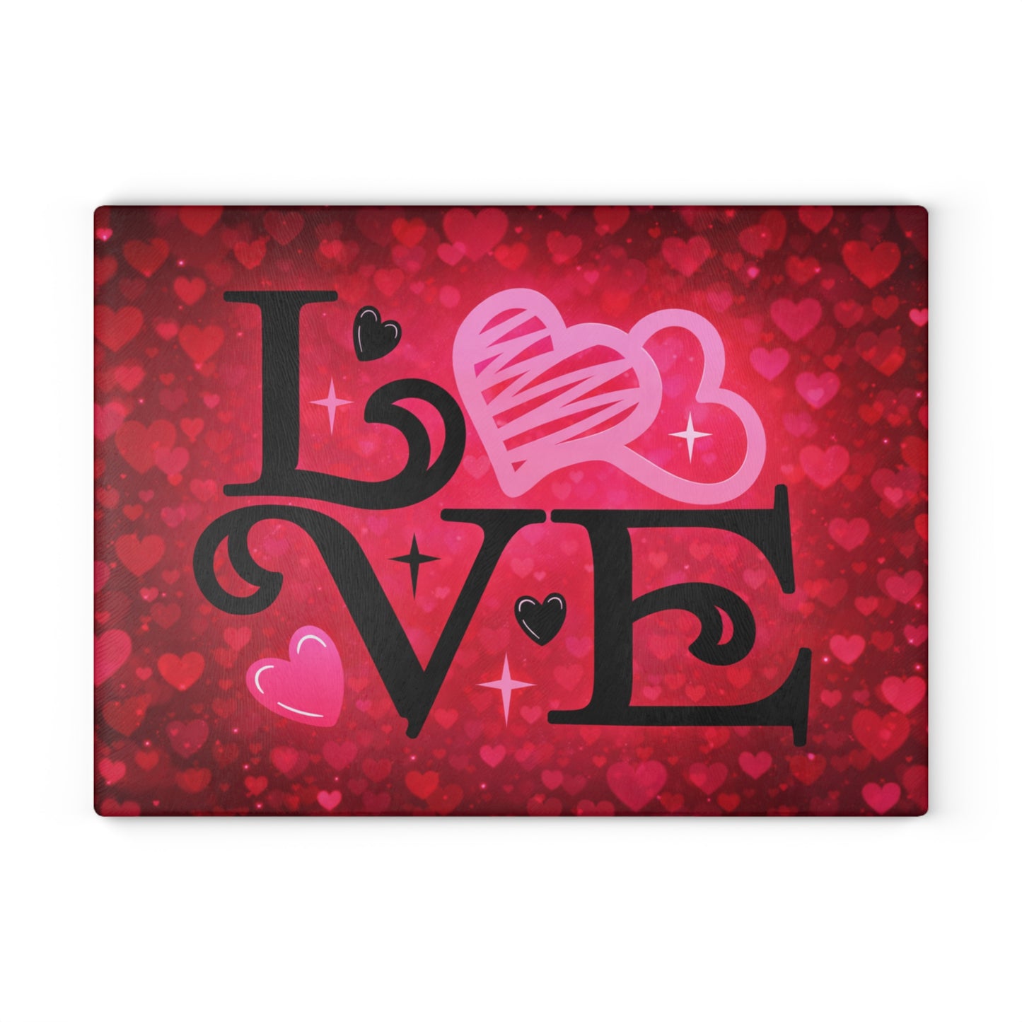 LOVE Heart Typography Glass Cutting Board – Romantic Red Heart Design for Meaningful Home Decor