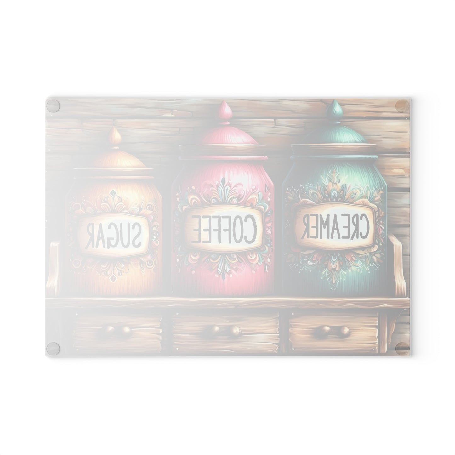 Farmhouse Canister Glass Cutting Board – Coffee, Sugar & Creamer Display
