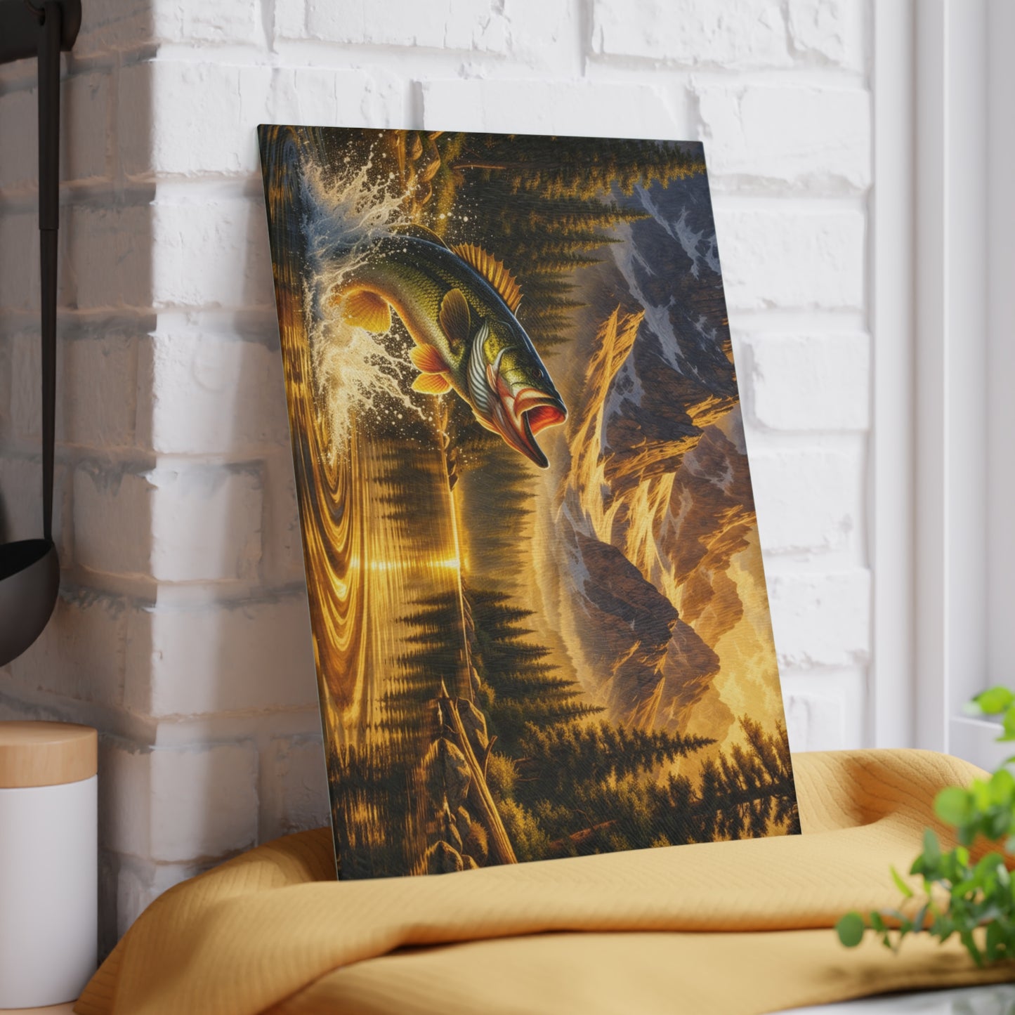 Golden Mountain Bass Glass Cutting Board – Rustic Fishing Lake Landscape Kitchen Art