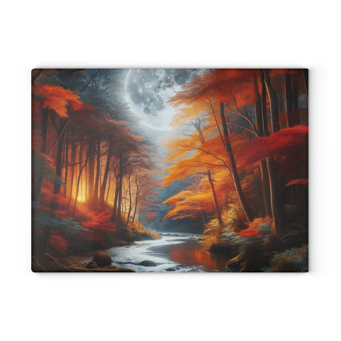 🌕🍂 Autumn Moon Glow Cutting Board – Enchanted Forest River Art 🍂🌕