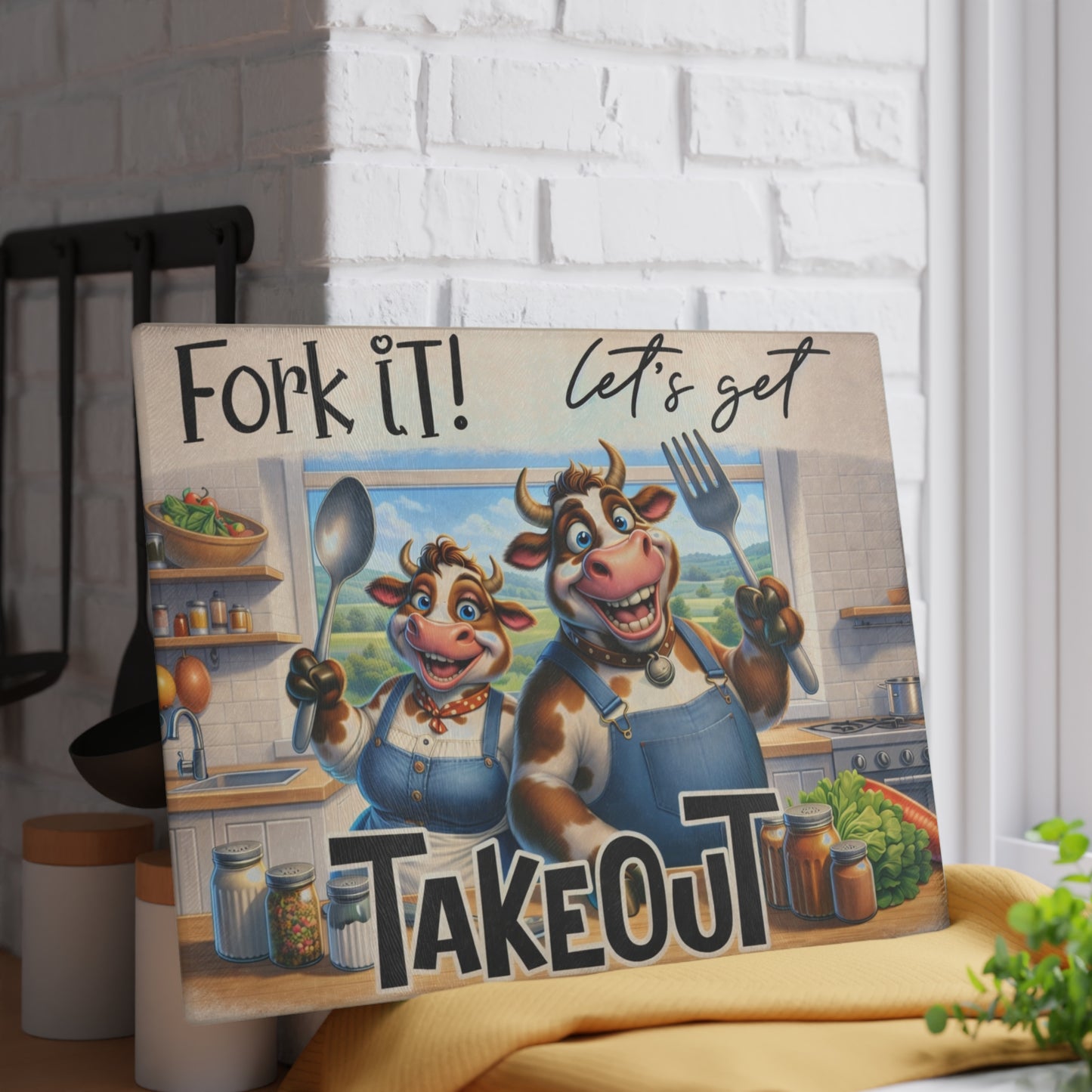 Fork It! Takeout Glass Cutting Board – Playful Cow Kitchen Art with Farmhouse Humor