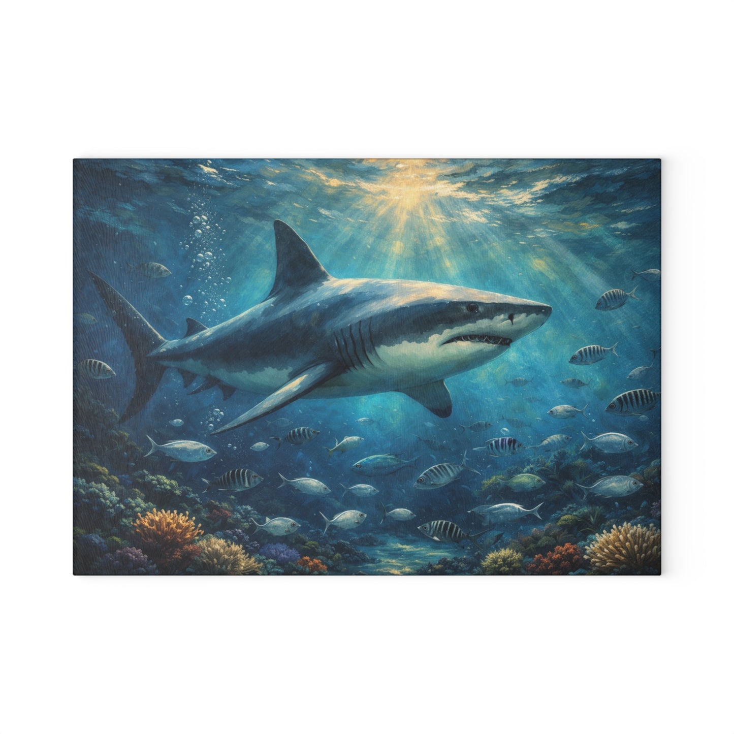 Guardian of the Deep Glass Cutting Board – Majestic Ocean Shark Artwork