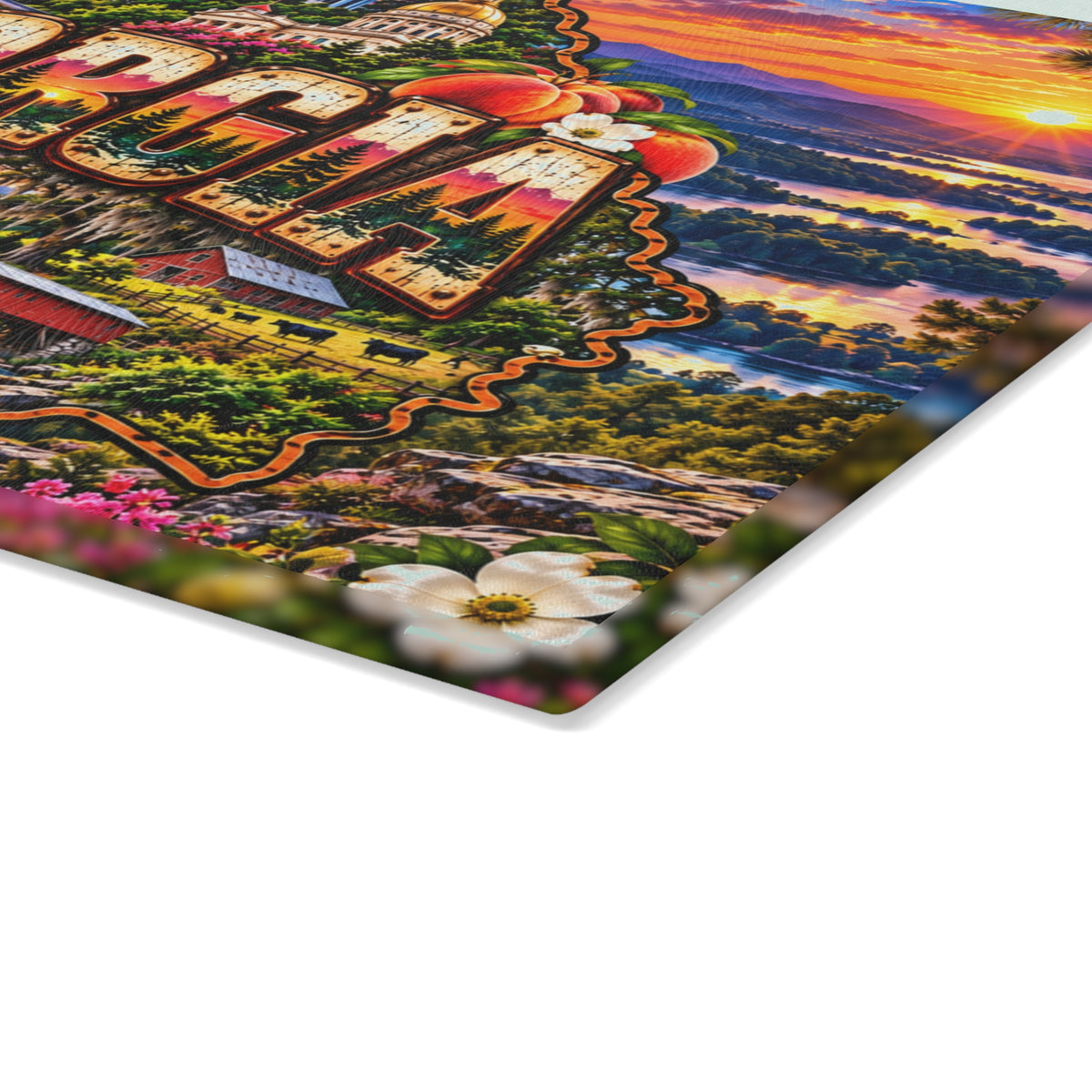 Georgia Glass Cutting Board – Georgia State Map, Atlanta Skyline, Peach Blossoms, Covered Bridge & Mountain Sunset Kitchen Décor
