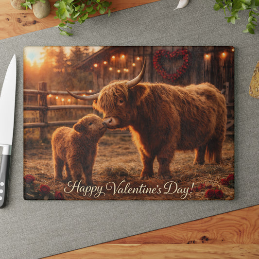 Valentine Highland Cow Mother & Calf Glass Cutting Board – Cozy Farmhouse Love Kitchen Decor