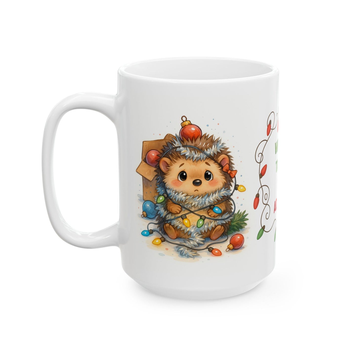 🦔🎄 Wrapped, Tangled, Still Adorable Hedgehog Mug – Cute Christmas Coffee Cup ✨☕