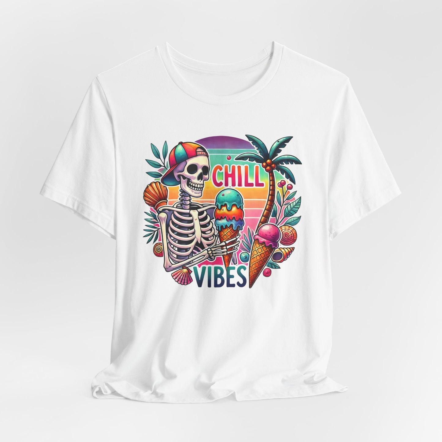 Camiseta Chill Vibes – Esqueleto con helado | Camiseta retro divertida de verano (solo blanca)