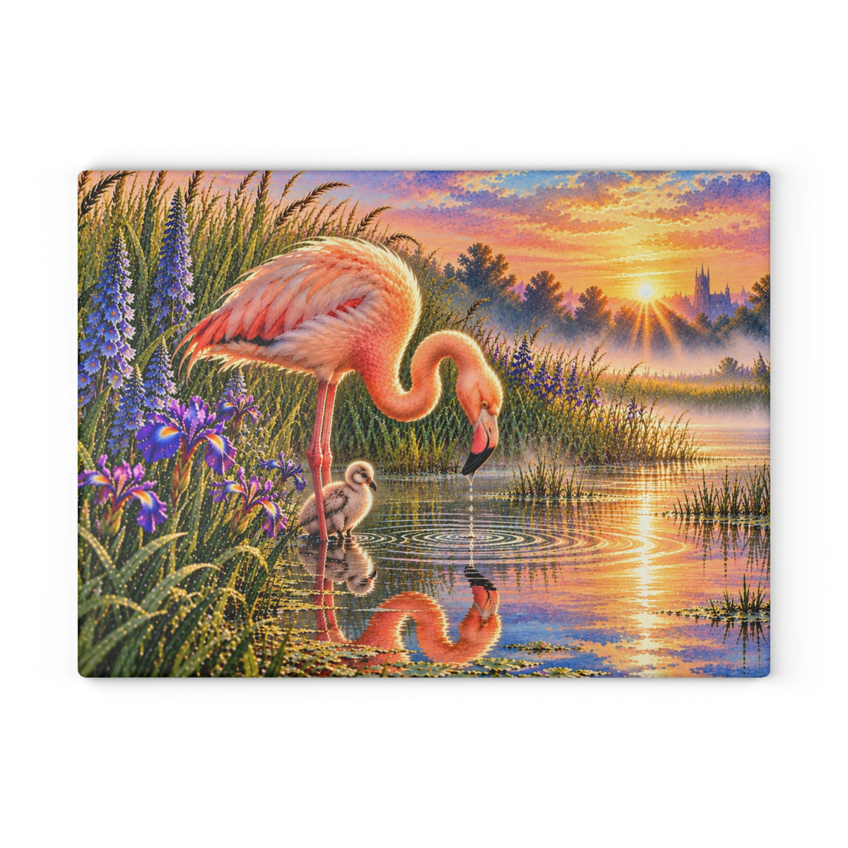 Flamingo & Baby at Sunset – Tempered Glass Cutting Board