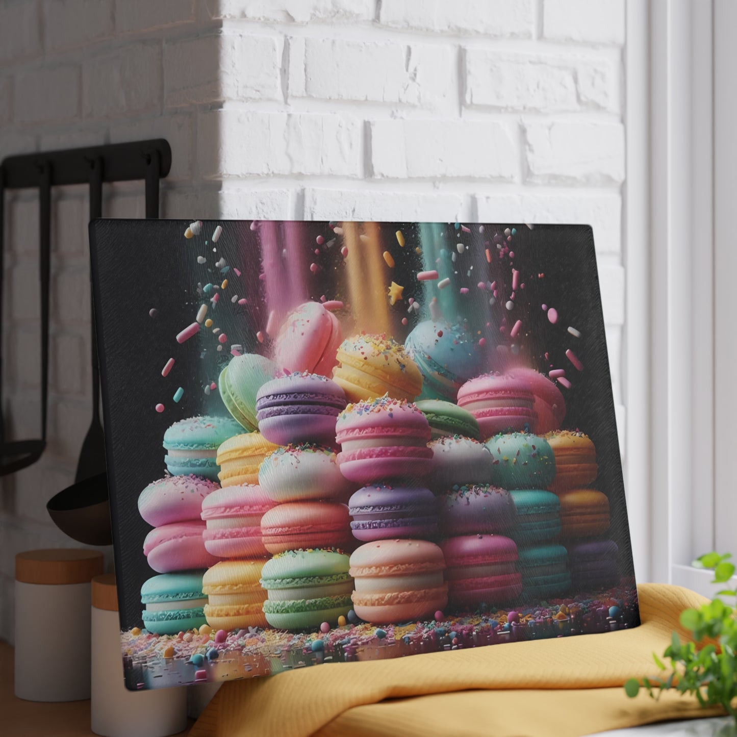 Tabla de cortar de vidrio con macarons pastel: una decoración de cocina dulce con un toque de fantasía