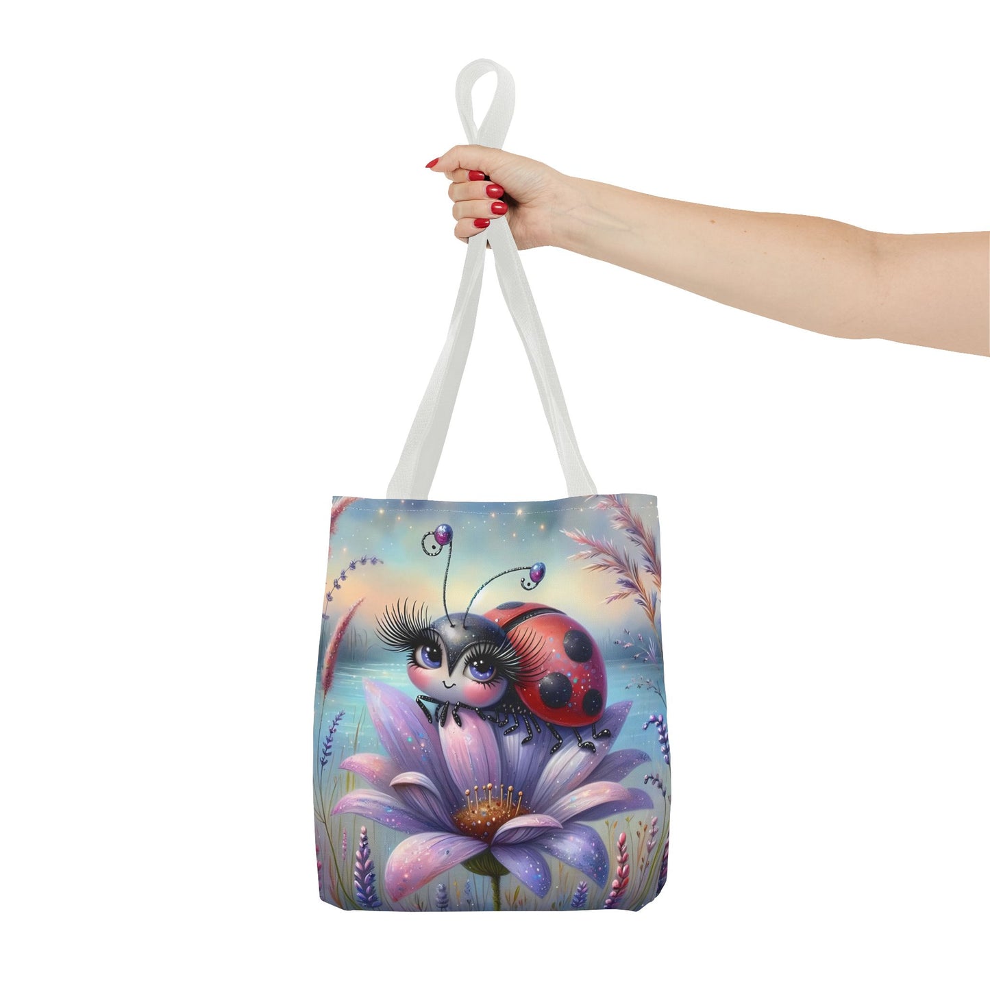 🐞 Mariquita sobre una flor junto al lago – Bolsa de tela inspirada en la naturaleza