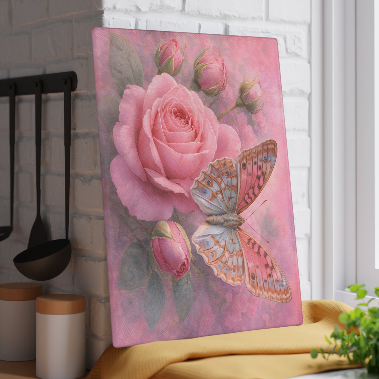 Pink Rose & Butterfly Glass Cutting Board – Romantic Floral Butterfly Kitchen Art