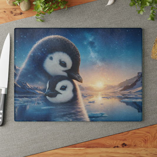 Arctic Penguin Family Northern Sky Glass Cutting Board – Peaceful Polar Wildlife Kitchen Art