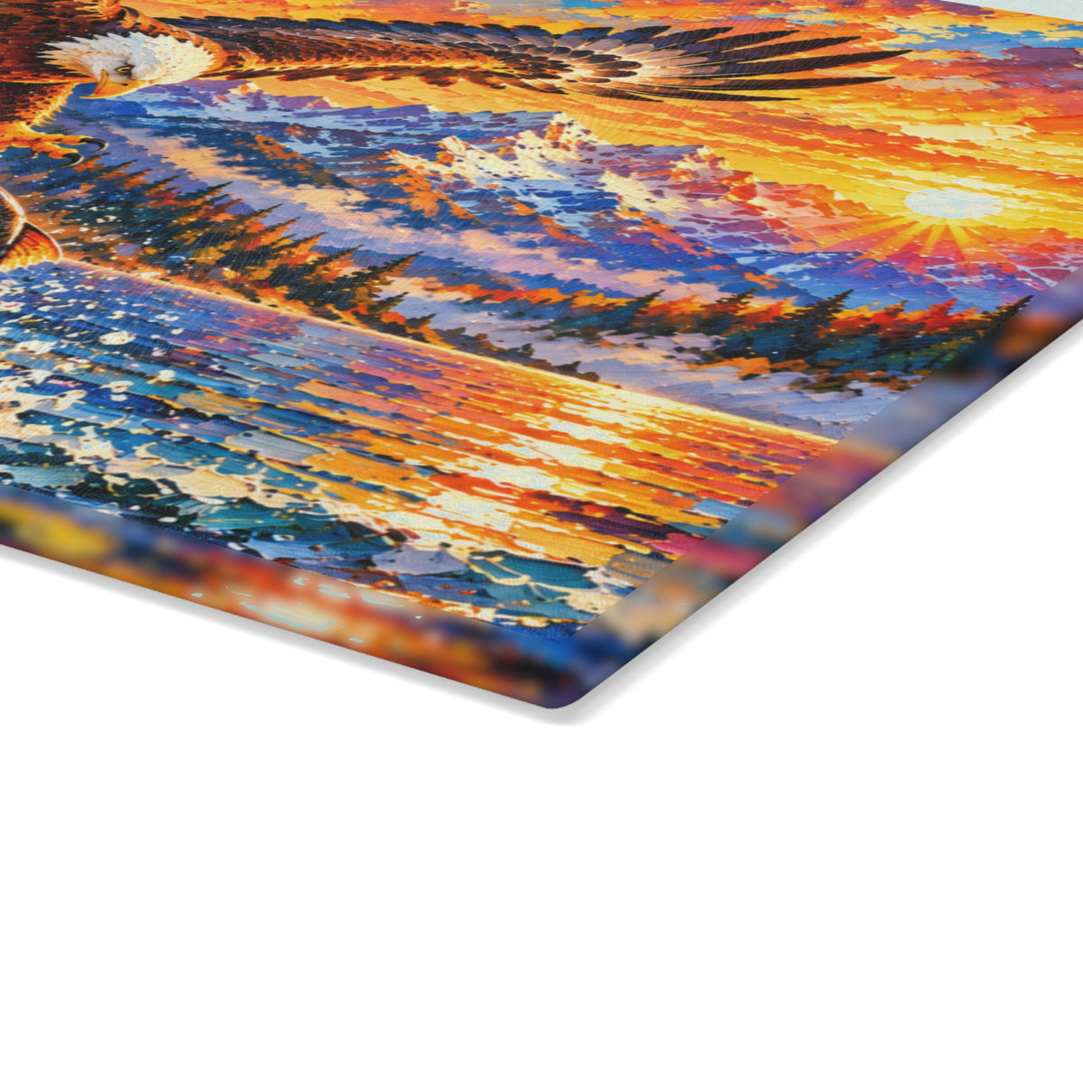 Majestic Bald Eagle & Leaping Trout – Colorful Mountain Sunset Tempered Glass Cutting Board – Wildlife & Nature Kitchen Decor
