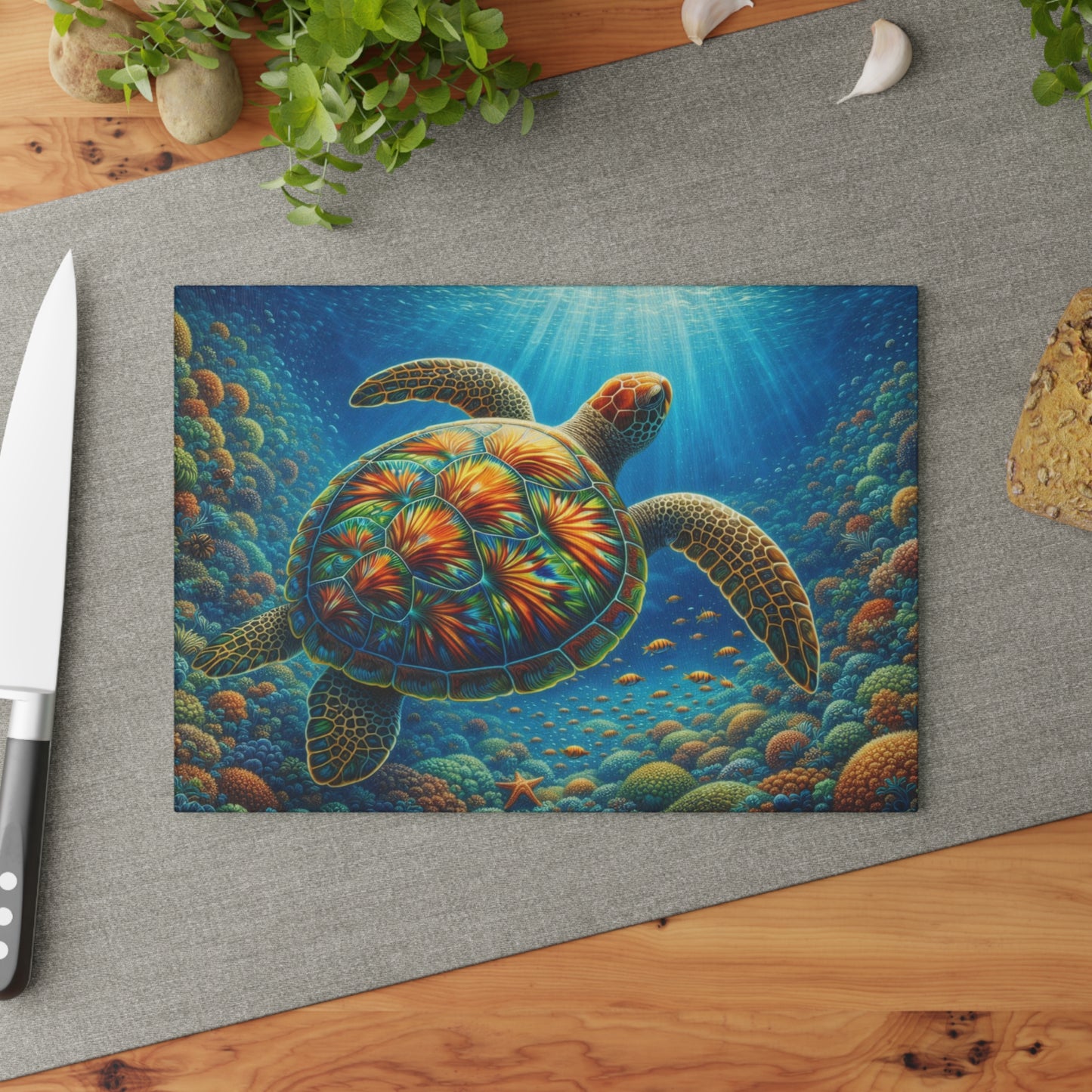 Radiant Sea Turtle Glass Cutting Board – Vibrant Ocean Life Artwork