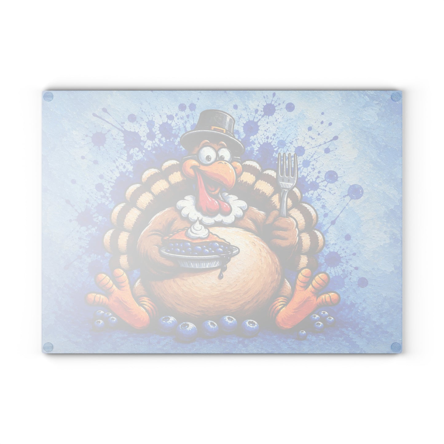 Funny Thanksgiving Turkey & Blueberry Pie Glass Cutting Board – Whimsical Holiday Kitchen Decor