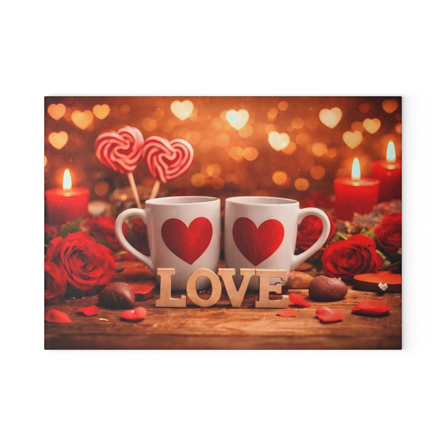 Valentine’s Love Mugs Glass Cutting Board – Romantic Heart Candle Kitchen Accent